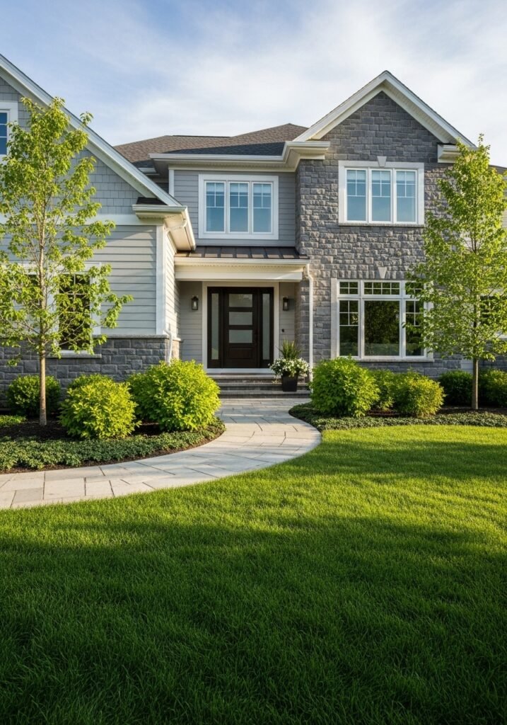 Beautifully landscaped backyard in Charlotte with green lawn, stone pathway, flowerbeds, and outdoor seating — representing Skyline Greenspaces quality landscaping.