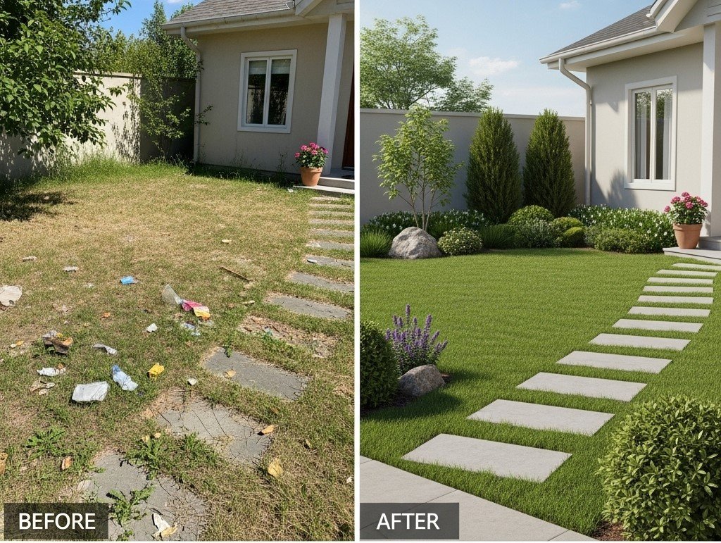 before and after landscape yard transformation with fresh grass, trimmed bushes, and clean stone pathway