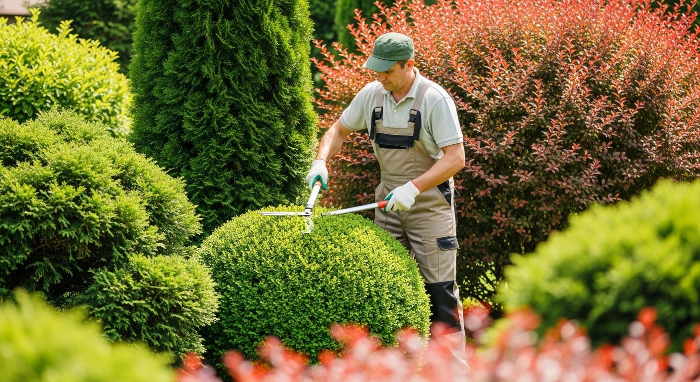 A gardener in work overalls and a green cap trims a round green shrub using long hedge shears in a landscaped garden surrounded by lush plants and bushes.
