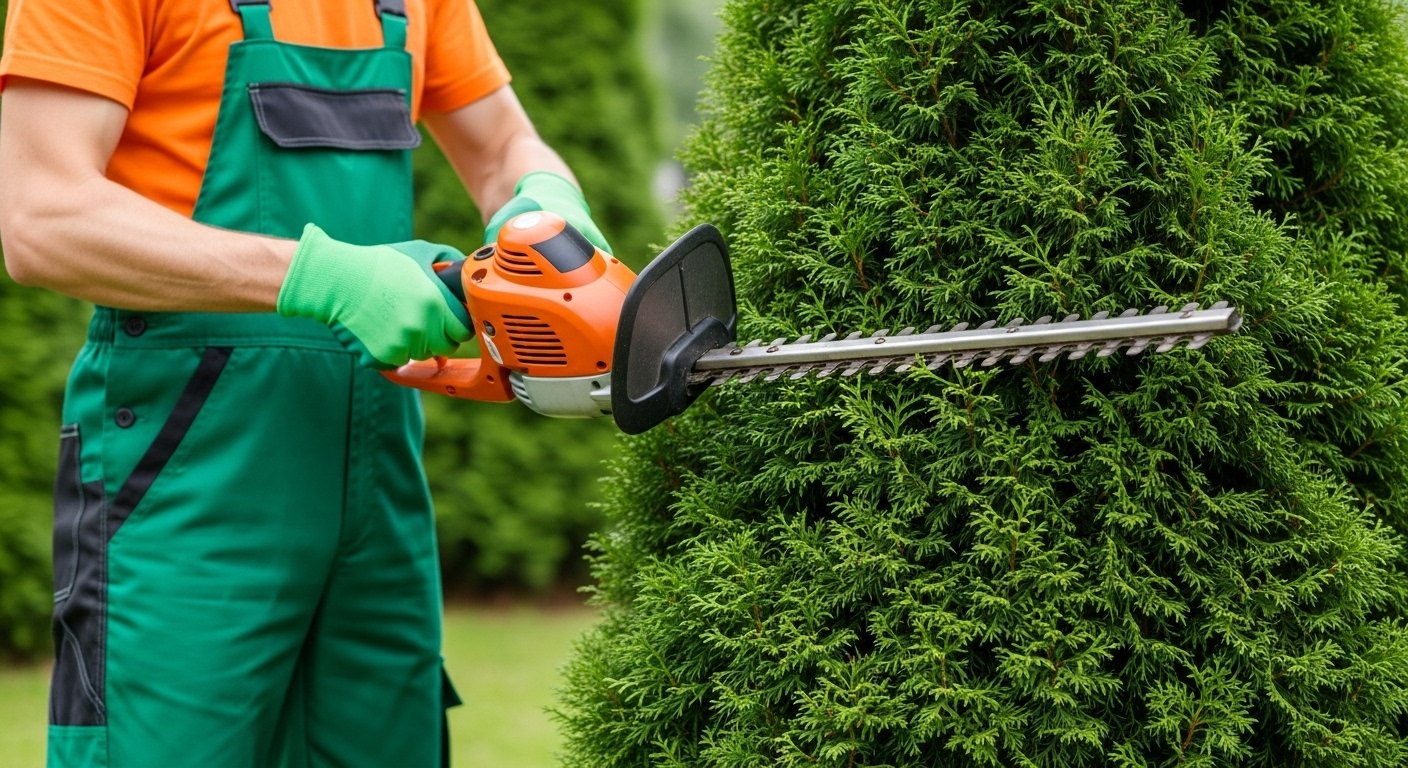 A gardener in green work overalls and gloves trims a tall green shrub using a motorized hedge trimmer during outdoor landscaping work.