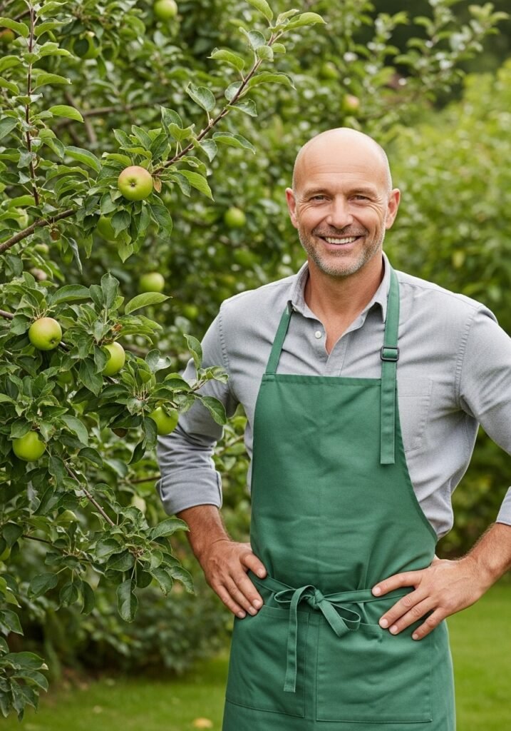A smiling male gardener wearing a green apron stands beside a fruit tree with green apples in a lush outdoor garden.