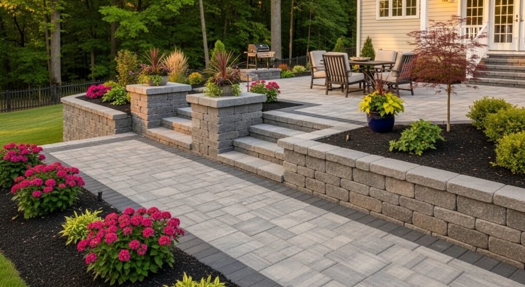Alt: Beautiful backyard hardscape with stone patio, paver walkway, and retaining wall in Charlotte NC.