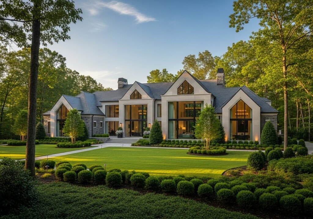 Luxurious Charlotte home with modern stone architecture, manicured lawn, and elegant landscaping by Skyline Greenspaces.