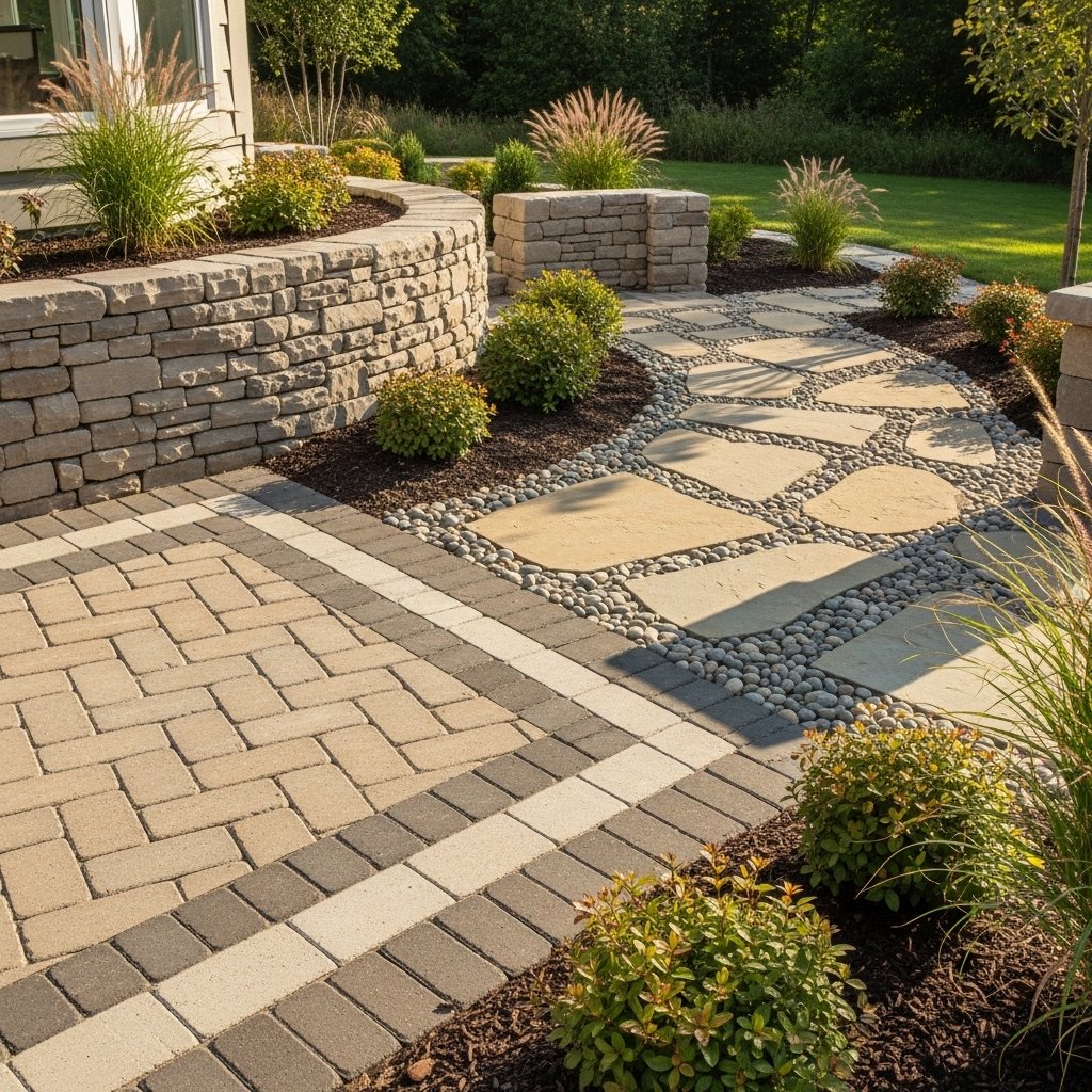 High-quality hardscaping with natural stone pavers, retaining wall, and custom walkway showcasing expert craftsmanship and elegant outdoor design.