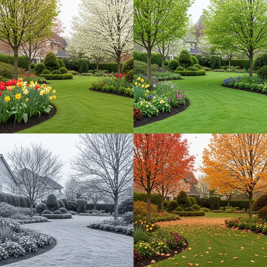 Well-maintained residential yard showing seasonal changes with spring flowers, summer greenery, autumn leaves, and light winter frost.