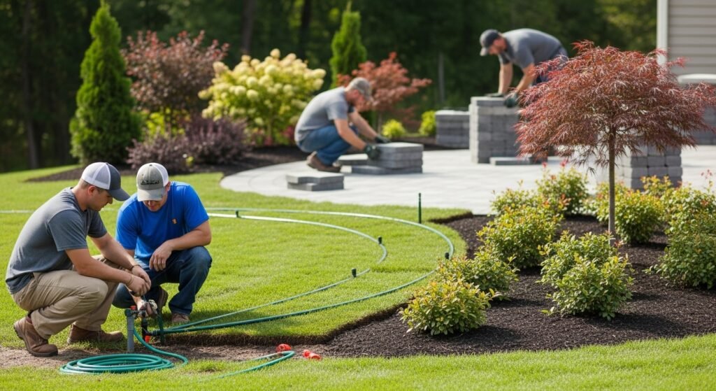 Landscaping team installing sprinklers, laying pavers, and planting shrubs in a residential yard under bright afternoon sunlight.