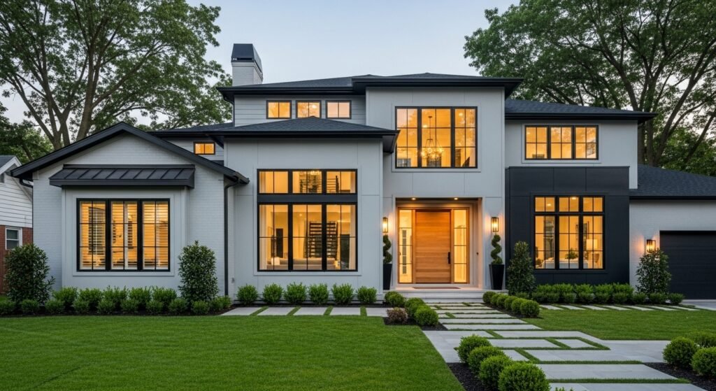Modern gray two-story home with black-framed windows and wooden front door, surrounded by a lush green lawn, stone walkway, and neatly trimmed shrubs.