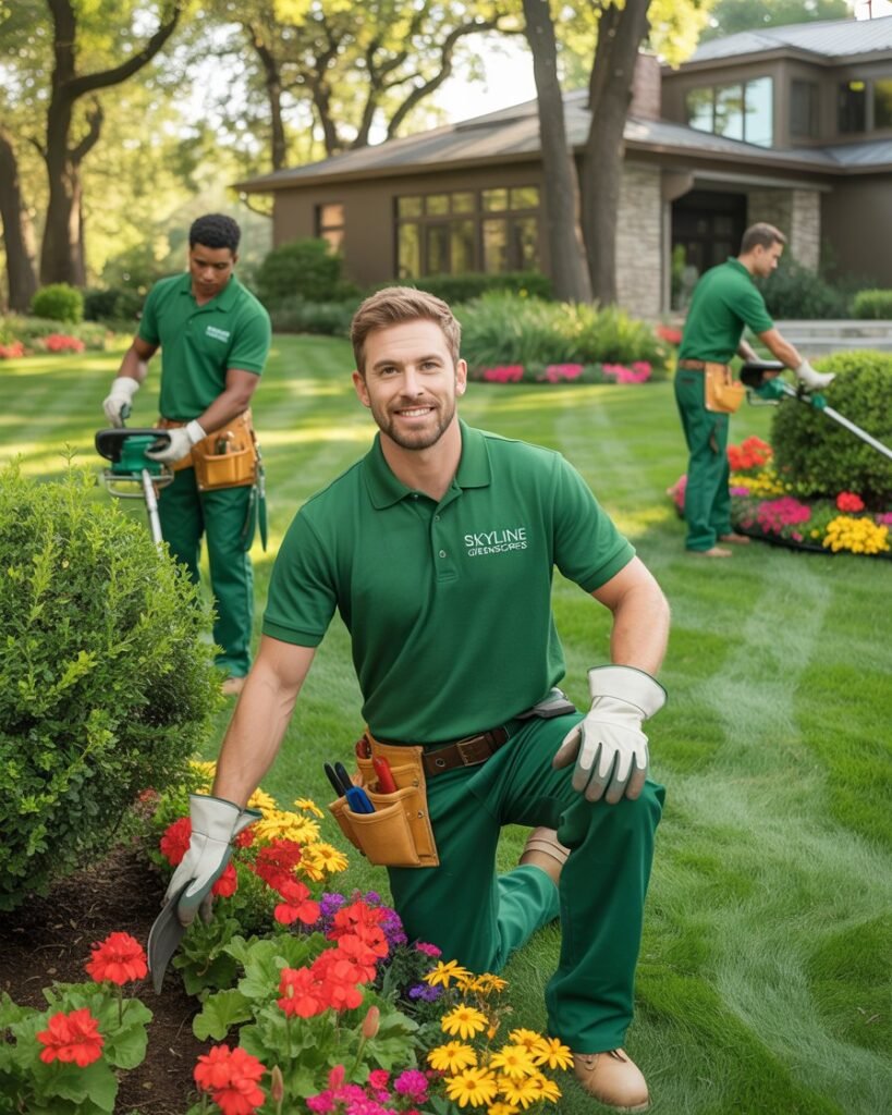Professional landscapers from Skyline Greenscapes trimming bushes and maintaining a vibrant garden in front of a modern home.
