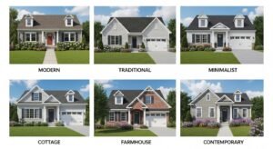 Front yard landscaping styles comparison (modern, traditional, minimalist, cottage, farmhouse, contemporary).