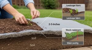 Landscape fabric maintenance showing mulch coverage, weed removal, and signs it needs replacement like tearing or water pooling