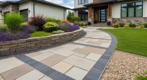 Front yard hardscape with paver walkway, edging, gravel borders, and a small retaining wall.