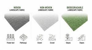 Comparison of woven, non-woven, and biodegradable landscape fabric types with best uses for gardens and pathways