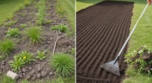 Before and after preparing soil for landscape fabric installation by removing weeds and leveling the ground