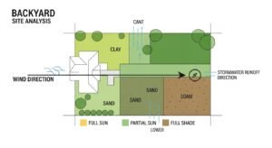 Backyard site analysis map showing sun and shade zones, soil type areas, wind direction, and stormwater runoff flow.