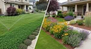 Before and after yard showing traditional turf lawn replaced with clover, creeping thyme, native plants, and mulched garden beds.