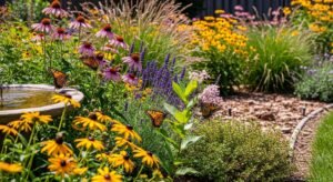 Pollinator-friendly native garden with bees and butterflies, layered plants, and a shallow birdbath for wildlife habitat.