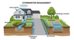 Stormwater management diagram showing roof and driveway runoff directed into a rain garden, bioswale, and permeable paving.