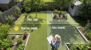 Backyard showing sun and shade zones, with a person mapping the garden.