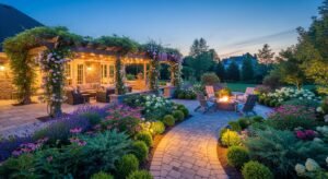 Landscaped backyard with stone patio, pergola, curved path, fire pit seating, and flower beds in warm evening light.