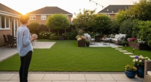 Homeowner holding coffee and looking at landscaped backyard with patio, lawn, and garden at sunset