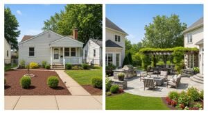 Split image showing small simple front yard landscaping compared to luxury backyard with patio and outdoor living area.