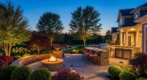 Luxury backyard landscaping with stone patio, fire pit, outdoor kitchen, and landscape lighting at dusk.