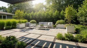 Modern backyard patio with interlocking stone pavers and flagstone slabs surrounded by greenery, showcasing backyard hardscape design inspiration.