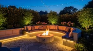 Stone fire pit patio with built-in curved seating in a backyard, illustrating outdoor fire feature backyard design ideas for cozy evenings