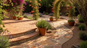 Mediterranean backyard hardscape with terracotta tiles, stone pathways, climbing vines, and desert-style gravel, showing rustic and low-maintenance backyard hardscaping ideas