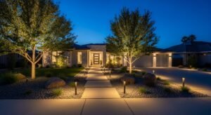 Front yard landscape lighting design with pathway lights, tree uplighting, and driveway illumination at dusk using low-voltage LED fixtures.