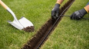 Installing low-voltage landscape lighting cable in a 6 to 12 inch trench using 12-gauge wire for outdoor lighting system.