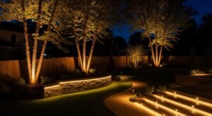 Backyard landscape lighting with tree uplighting at 45-degree angle, illuminated retaining wall, deck step lights, and warm LED pathway lighting.