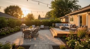 Modern backyard outdoor living space featuring paver patio dining area, raised wooden deck lounge, and landscaped garden with string lights at sunset