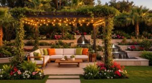 Luxury backyard oasis with pergola seating area, tropical landscaping, outdoor sectional sofa, warm lighting, and resort-style ambiance