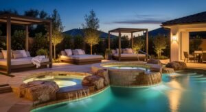 Elegant poolside outdoor living area with hot tub, waterfall feature, lounge chairs, landscape lighting, and private spa-style backyard design