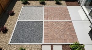 Affordable patio flooring options comparison showing pea gravel, decomposed granite, brick pavers, and poured concrete in a small backyard.