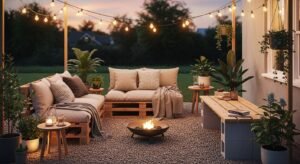 DIY backyard patio with pallet sofa, cinder block bench, gravel base, and string lights on a budget.