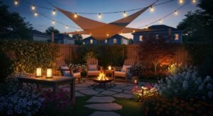 Budget patio lighting ideas with string lights, solar lanterns, and shade sail over small backyard seating area at dusk.