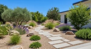 Modern low maintenance garden with desert landscaping, stone walkways, and native shrubs