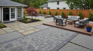 Low maintenance outdoor living space with composite decking and stone walkways.