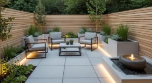 Modern small yard landscaping with minimalist patio, clean lines, and low-maintenance plants
