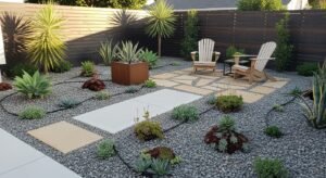 Low maintenance small yard landscaping with succulents, gravel, and modern design