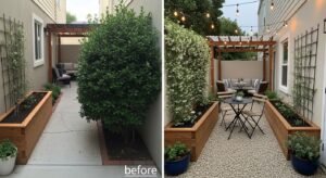 Before and after small backyard makeover with gravel, raised planter beds, pergola, and string lights