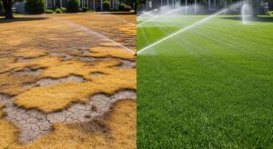 lawn fertilizer burn in summer heat vs healthy properly maintained grass
