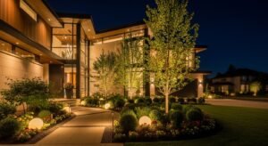 low voltage landscape lighting in Charlotte NC for home exterior at night