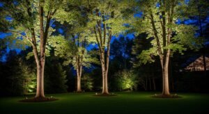 tree uplighting with low voltage landscape lighting in backyard garden