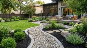 Backyard landscaping design combining black mulch flower beds with decorative river rock pathways and edging