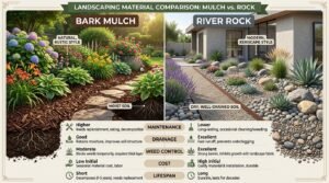 Side-by-side mulch vs rock landscaping infographic comparing cost, maintenance, drainage, and weed control