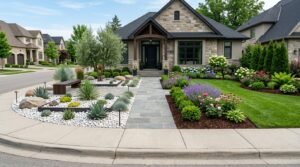 Mulch vs rock landscaping comparison in a modern residential front yard with decorative stone and organic mulch beds