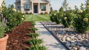 Mulch vs rock landscaping around a residential lawn